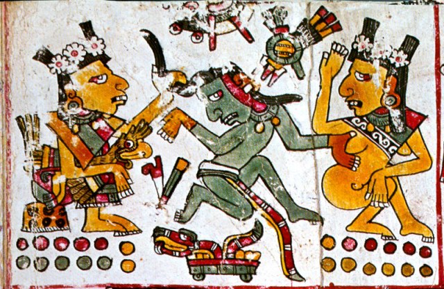 Xochiquetzal (left) from the Codex Borgia, seducing a priest (middle).
